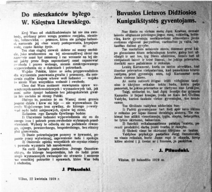 Juozas Pilsudskis  1919 balandžio 22 dieną išleidžia atsišaukimą lietuvių kalba.jpg