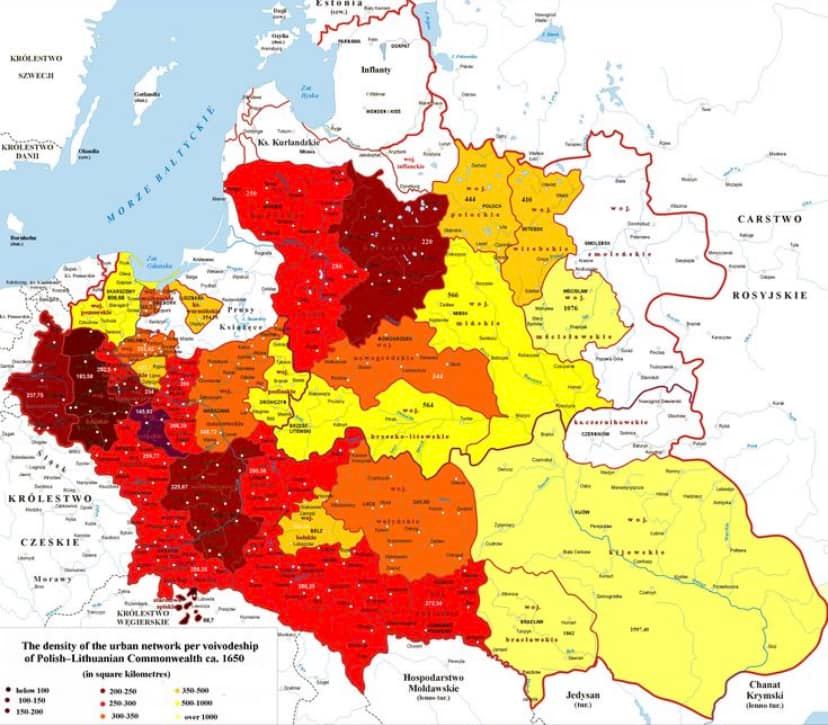 Плотность населения в Польско - Литовском государстве . Около 1650 г..jpg