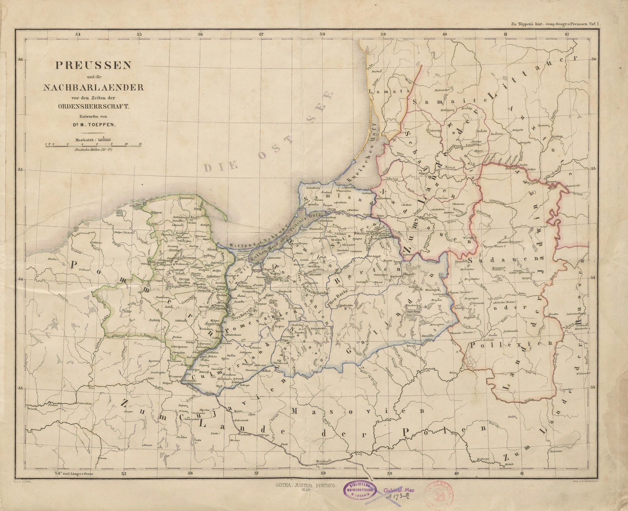 Preussen, vokiškas žemėlapis, aut. Toeppen ( baltų gentys 13 amžiuje).jpg